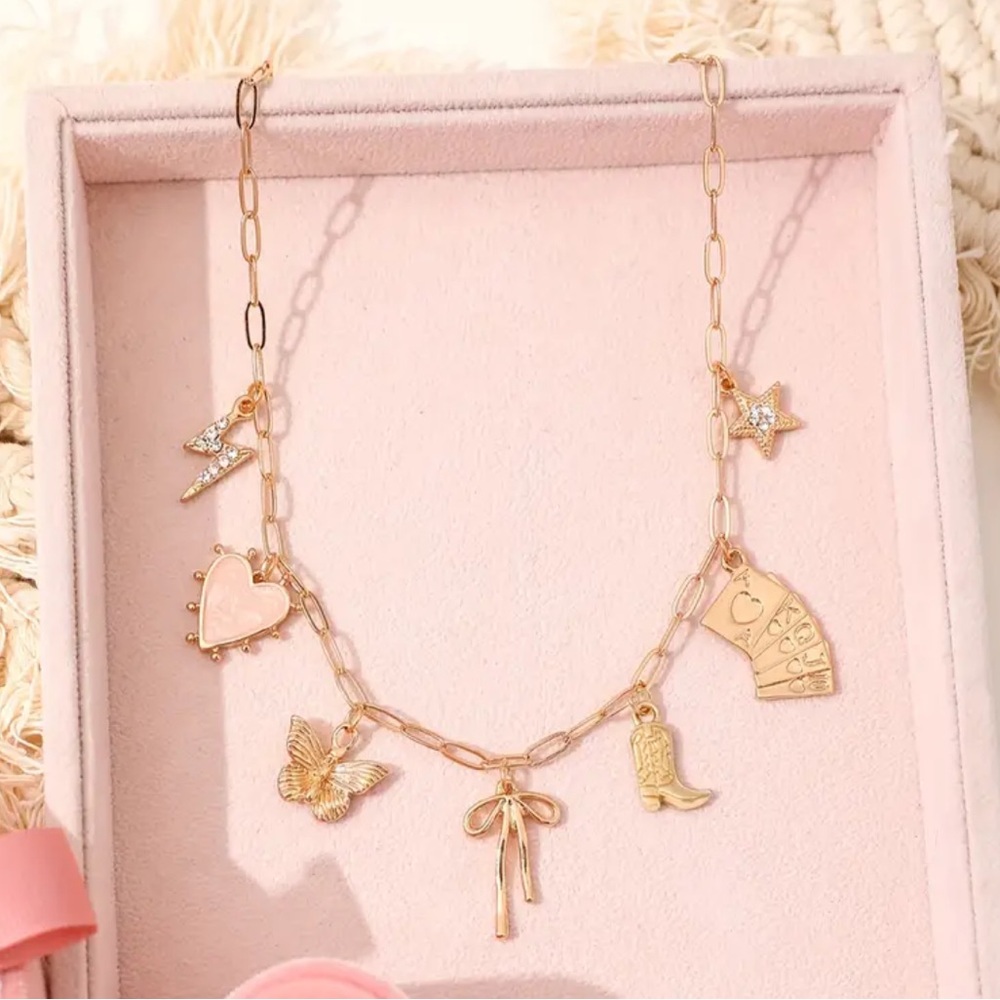 🆕 Western Bohemian Whimsical Gold Charm Necklace with Star & Cowboy Boot Accents